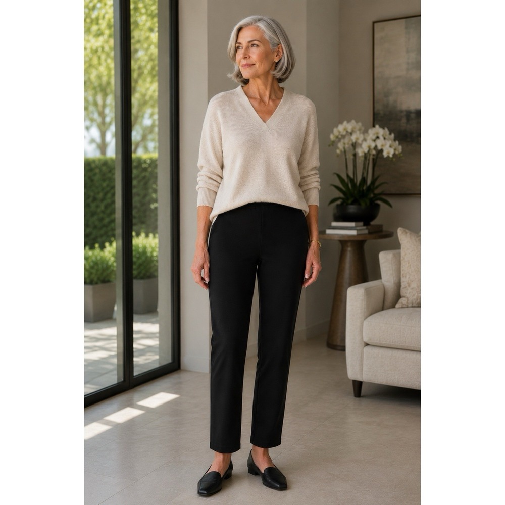 Eileen Fisher Size Large Black Pull On Straight Leg Pants Minimalist Luxury